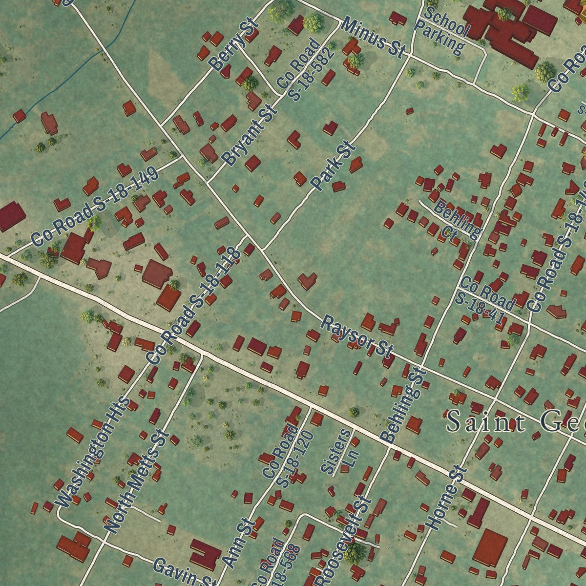 Close-up of the map of St. George, South Carolina print showing street and building detail