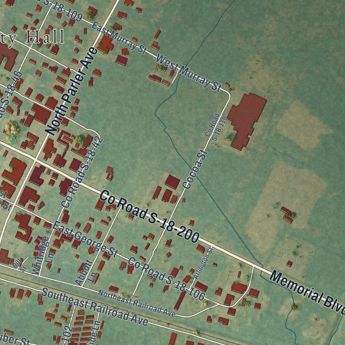 Second close-up of the map of St. George, South Carolina print showing more streets and buildings