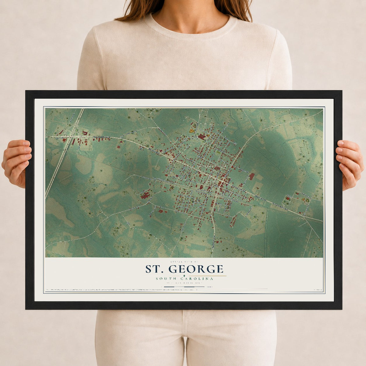 Map of St. George, South Carolina, 12 x 18 inch print in a black wood frame