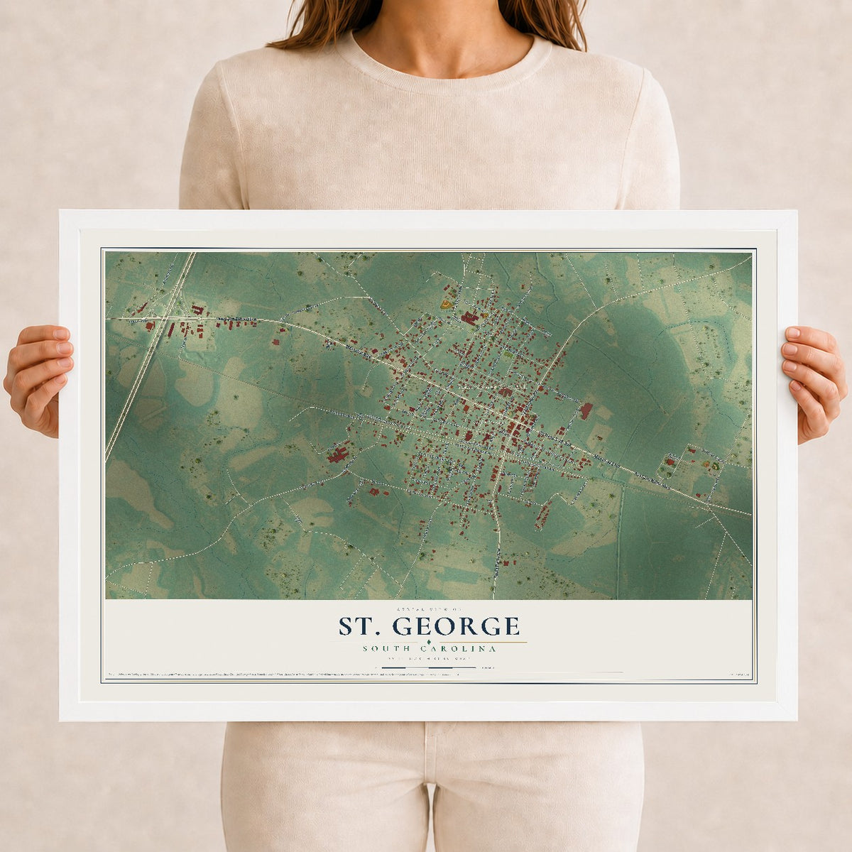 Map of St. George, South Carolina, 12 x 18 inch print in a white wood frame