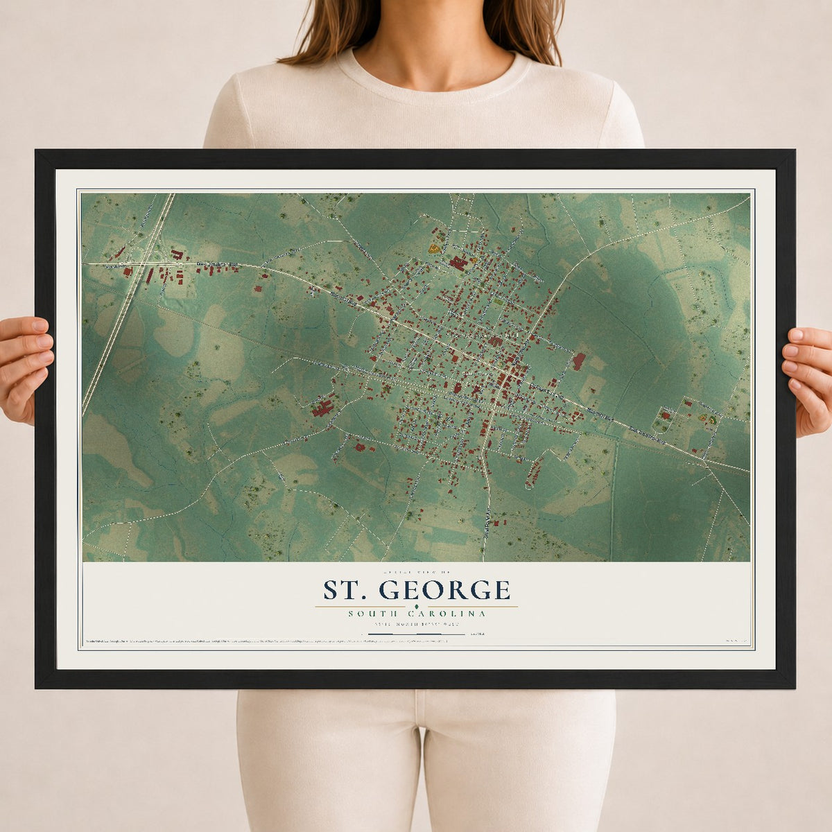 Map of St. George, South Carolina, 18 x 24 inch print in a black wood frame