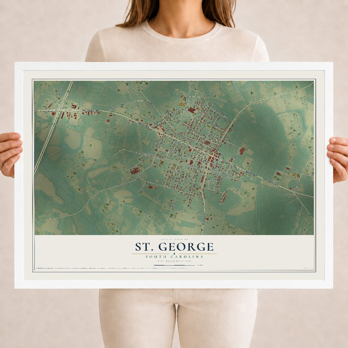 Map of St. George, South Carolina, 18 x 24 inch print in a white wood frame