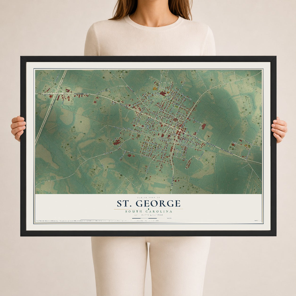Map of St. George, South Carolina, 24 x 36 inch print in a black wood frame