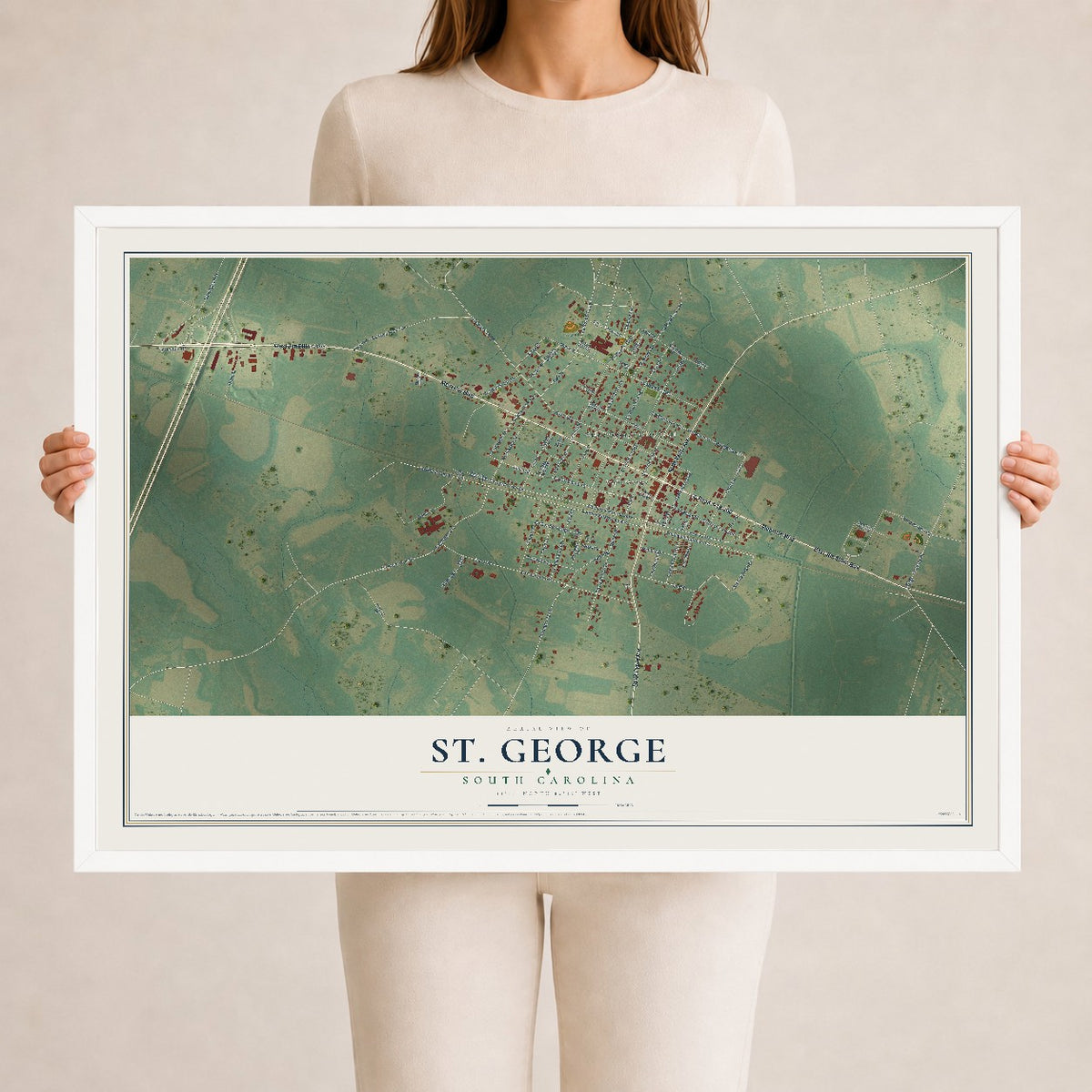 Map of St. George, South Carolina, 24 x 36 inch print in a white wood frame