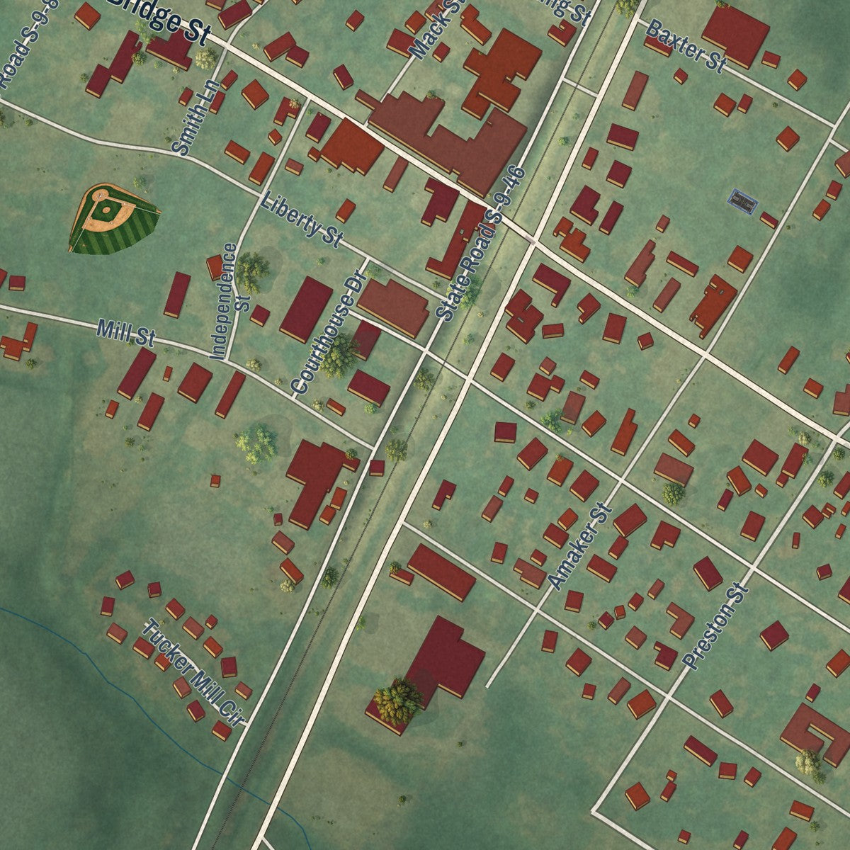 Close-up of the map of St. Matthews, South Carolina print showing street and building detail