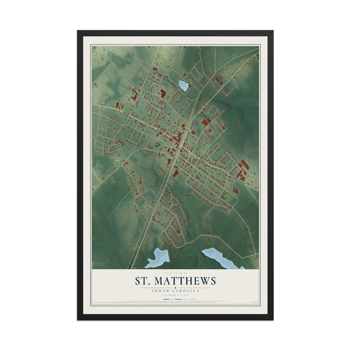 Map of St. Matthews, South Carolina, 12 x 18 inch print in a black wood frame