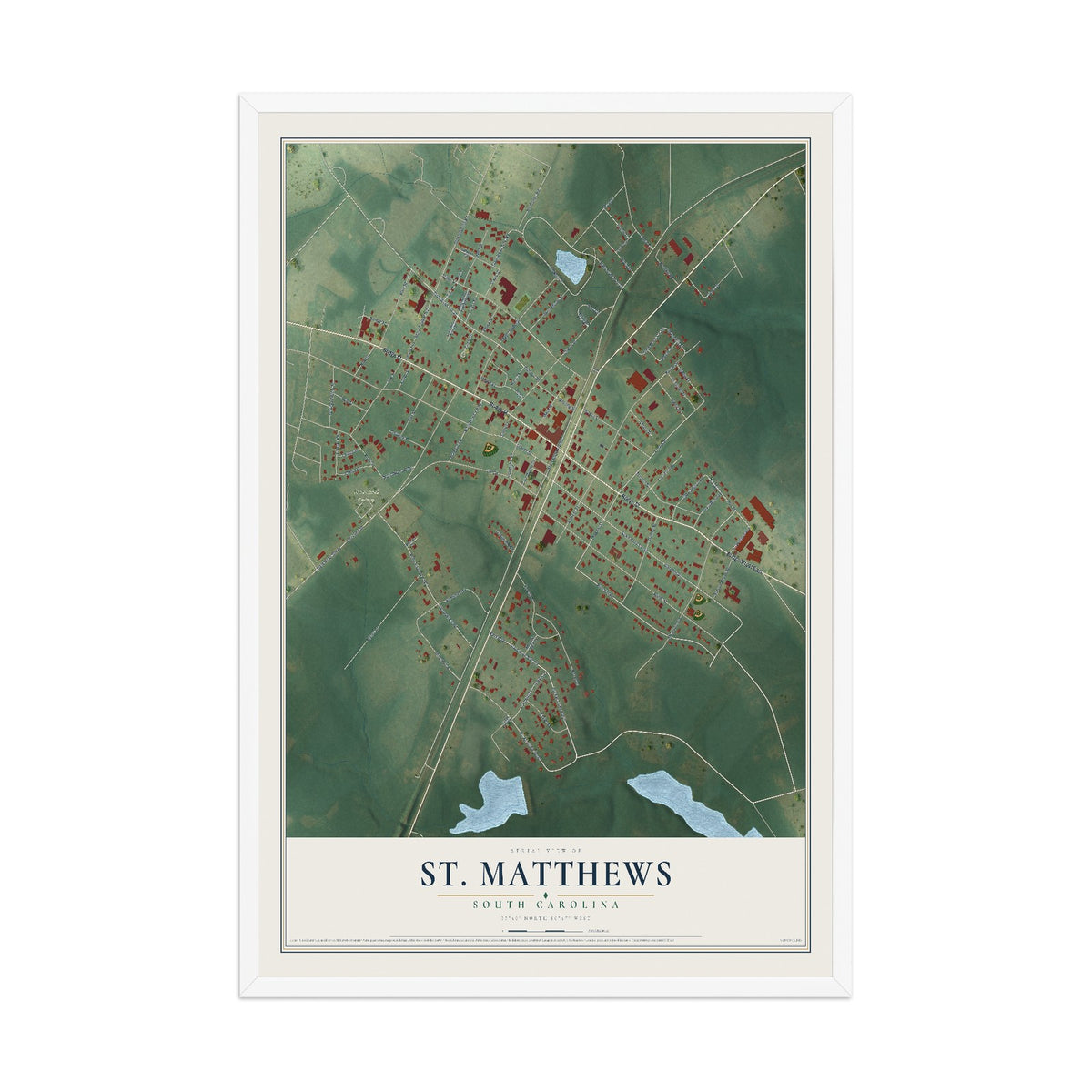 Map of St. Matthews, South Carolina, 12 x 18 inch print in a white wood frame