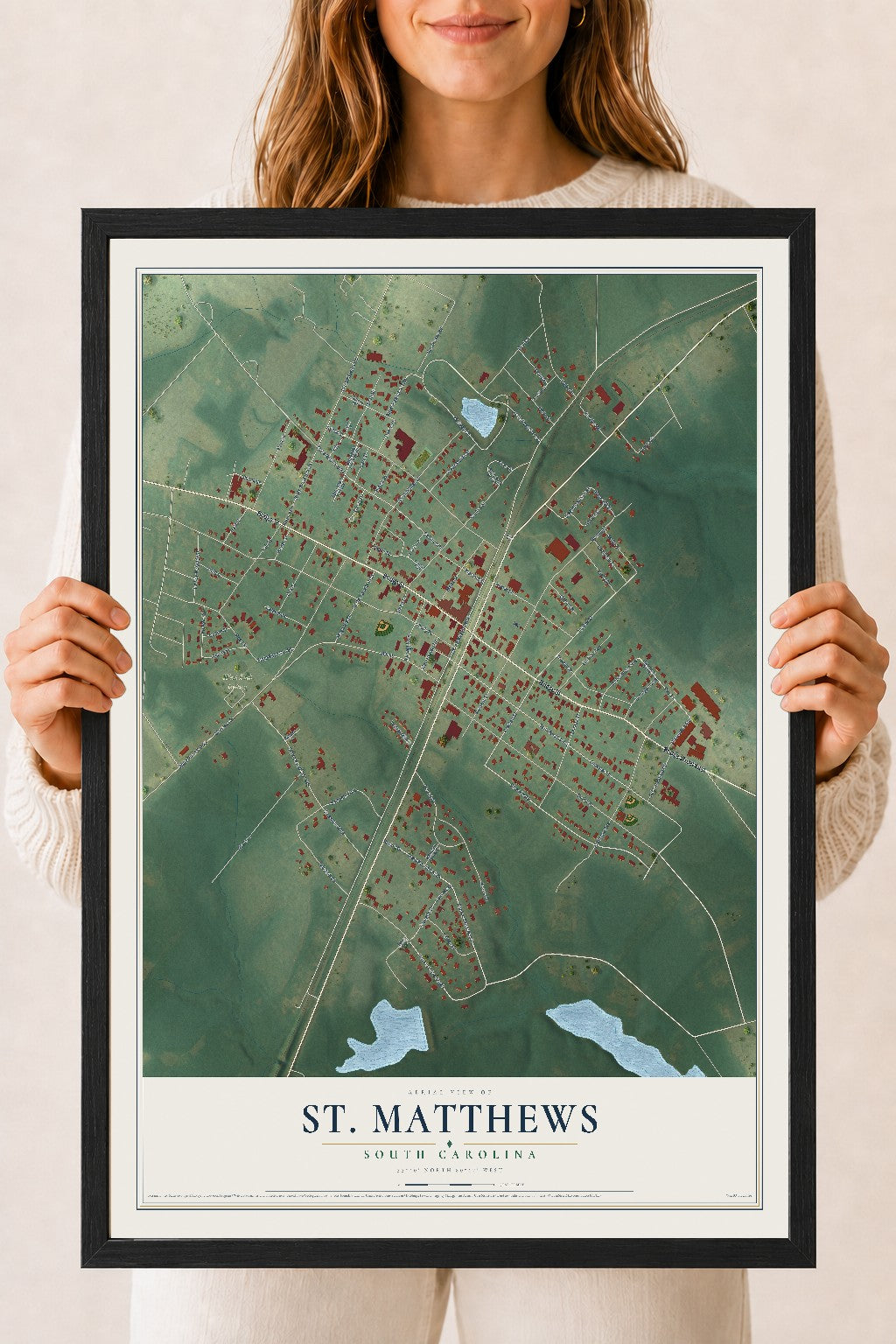 Map of St. Matthews, South Carolina, 18 x 24 inch print in a black wood frame