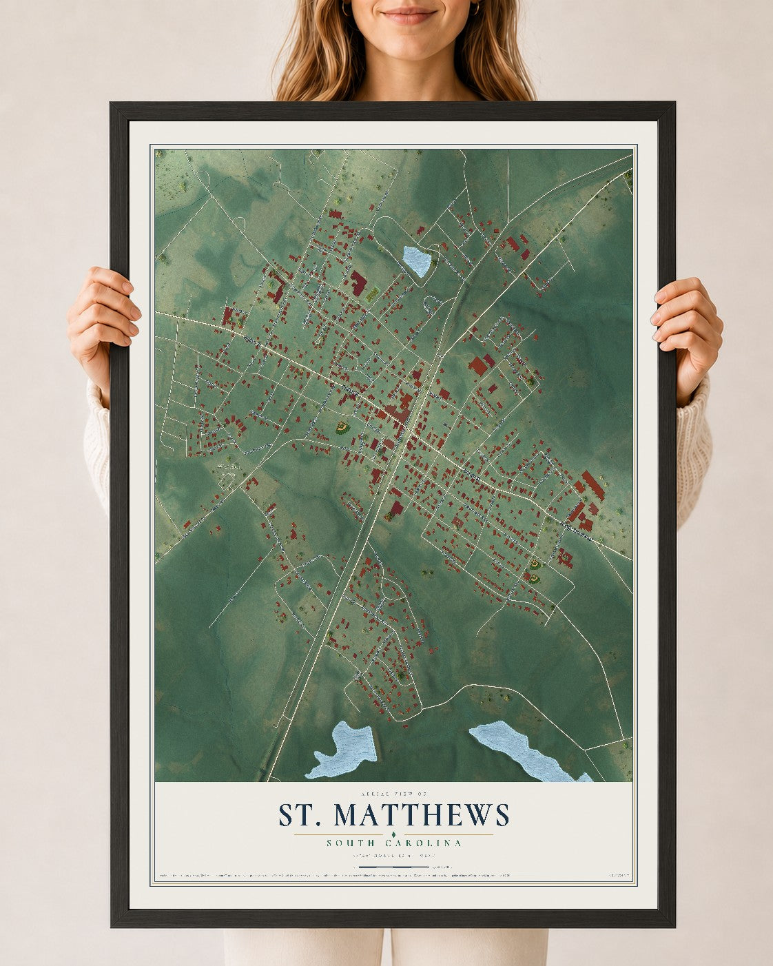 Map of St. Matthews, South Carolina, 24 x 36 inch print in a black wood frame