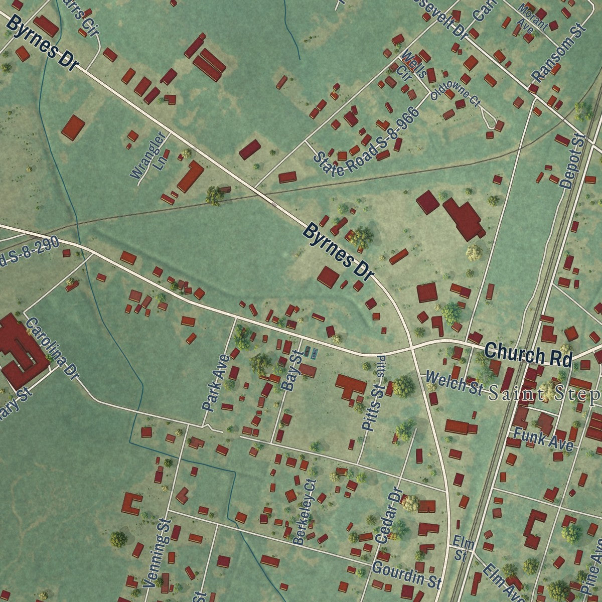 Close-up of the map of St. Stephen, South Carolina print showing street and building detail