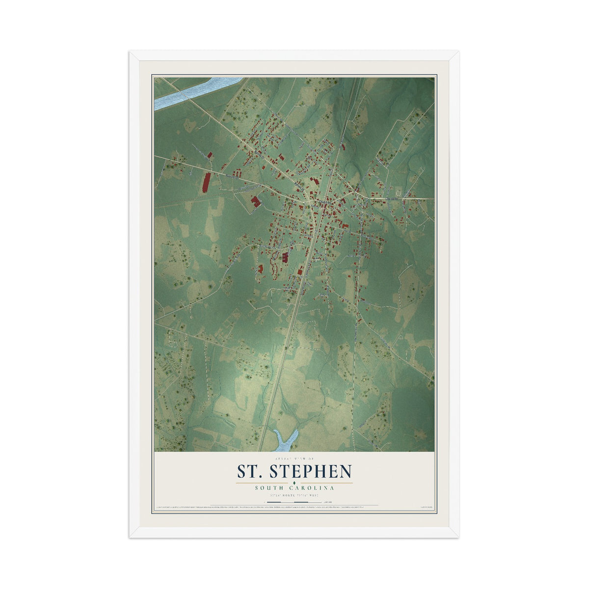 Map of St. Stephen, South Carolina, 12 x 18 inch print in a white wood frame
