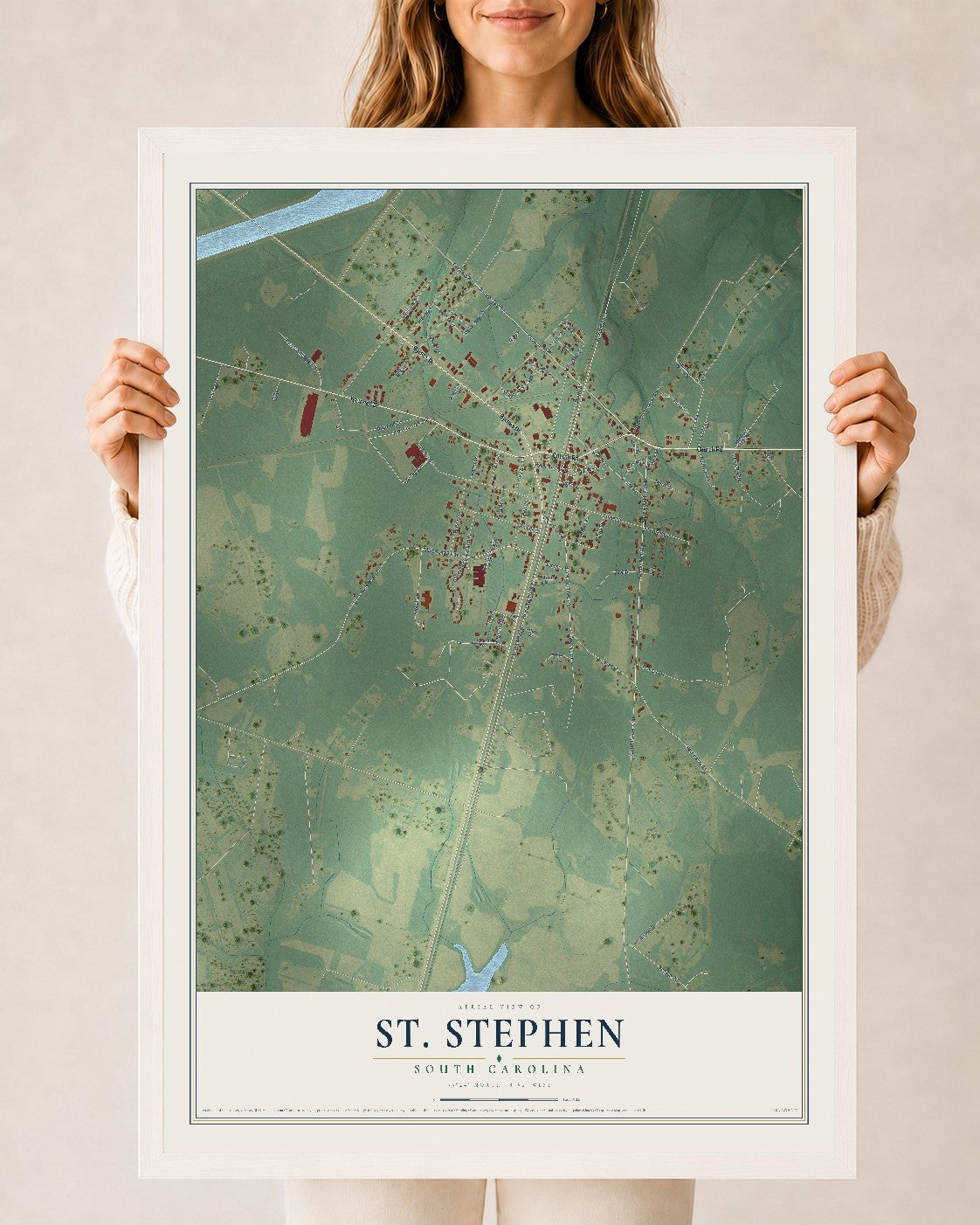 Map of St. Stephen, South Carolina, 24 x 36 inch print in a white wood frame