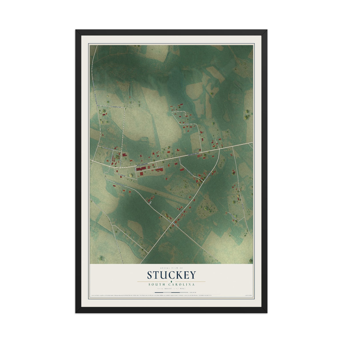 Map of Stuckey, South Carolina, 12 x 18 inch print in a black wood frame