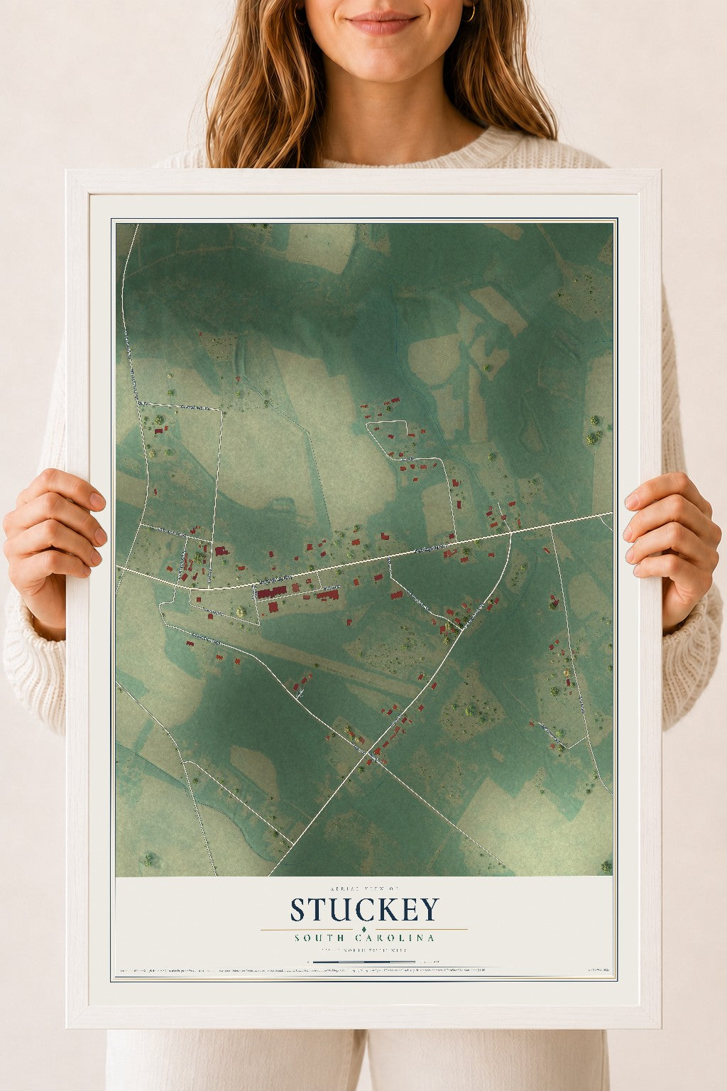Map of Stuckey, South Carolina, 18 x 24 inch print in a white wood frame