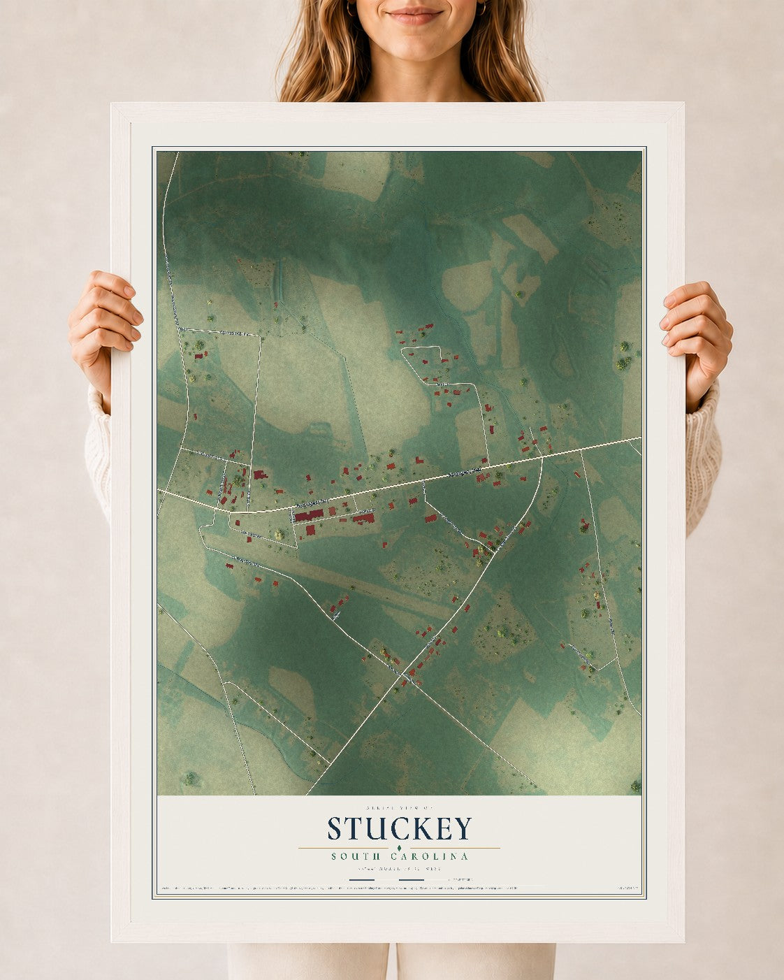Map of Stuckey, South Carolina, 24 x 36 inch print in a white wood frame