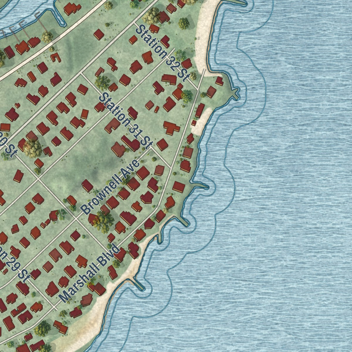 Second close-up of the map of Sullivan's Island, South Carolina print showing more streets and buildings