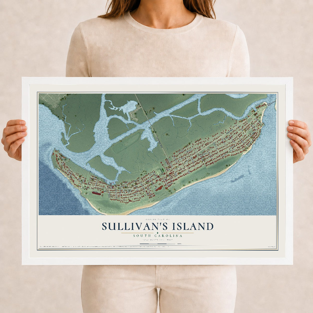 Map of Sullivan's Island, South Carolina, 12 x 18 inch print in a white wood frame