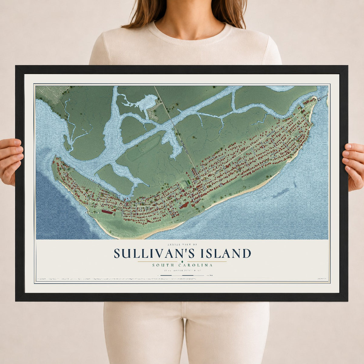Map of Sullivan's Island, South Carolina, 18 x 24 inch print in a black wood frame