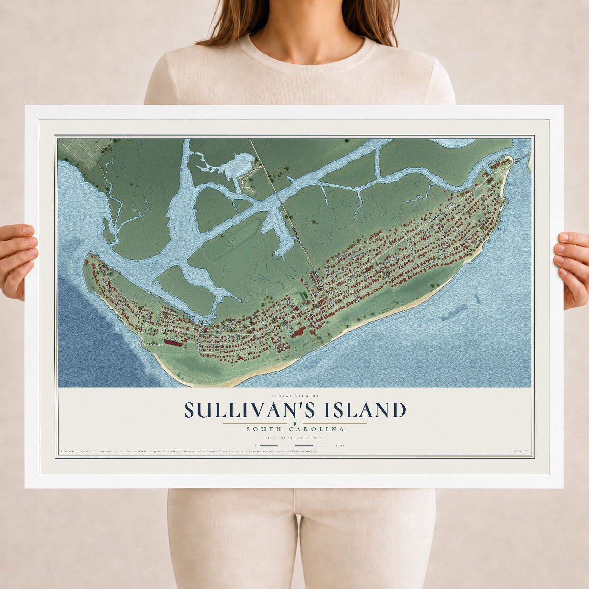 Map of Sullivan's Island, South Carolina, 18 x 24 inch print in a white wood frame