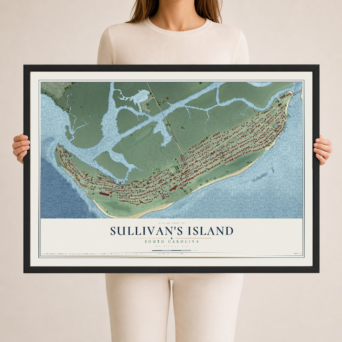 Map of Sullivan's Island, South Carolina, 24 x 36 inch print in a black wood frame
