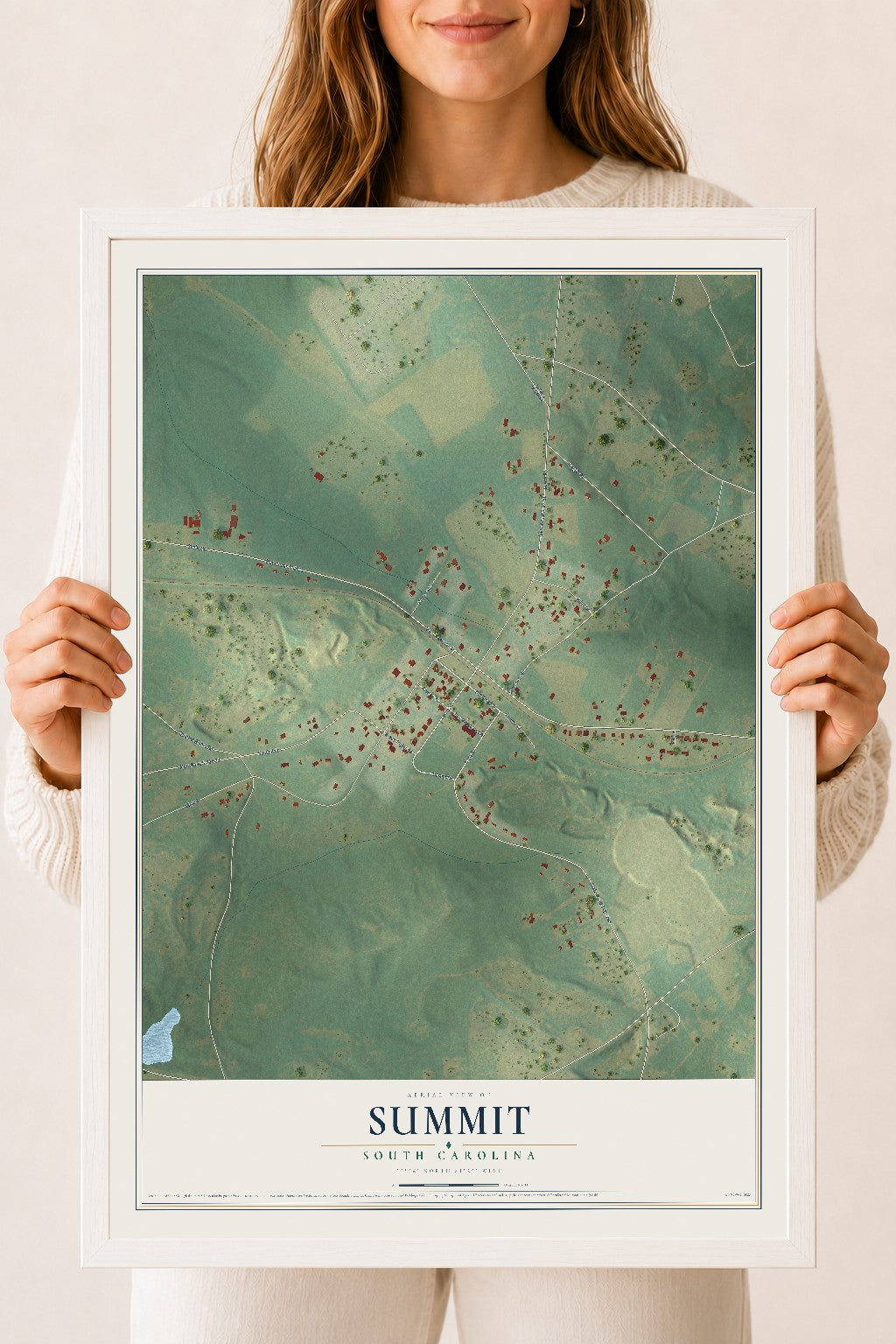 Map of Summit, South Carolina, 18 x 24 inch print in a white wood frame