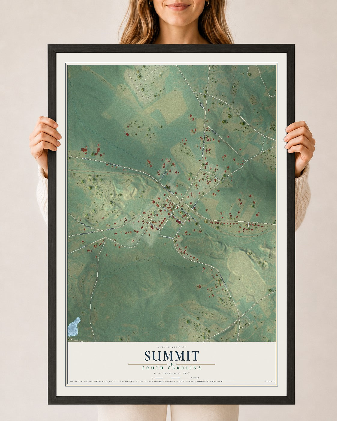 Map of Summit, South Carolina, 24 x 36 inch print in a black wood frame
