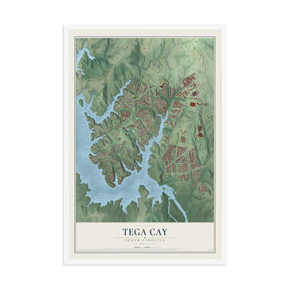 Map of Tega Cay, South Carolina, 12 x 18 inch print in a white wood frame