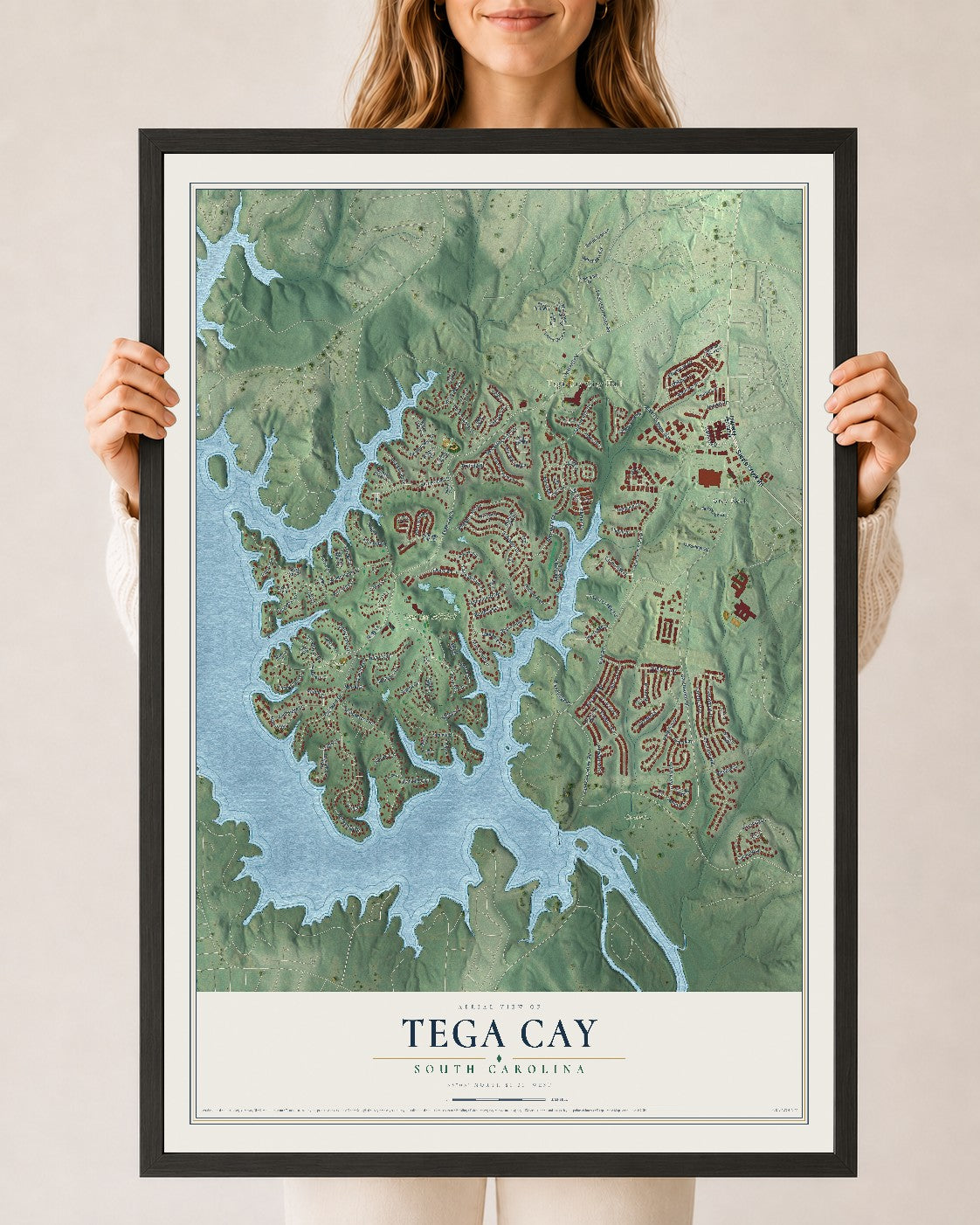 Map of Tega Cay, South Carolina, 24 x 36 inch print in a black wood frame