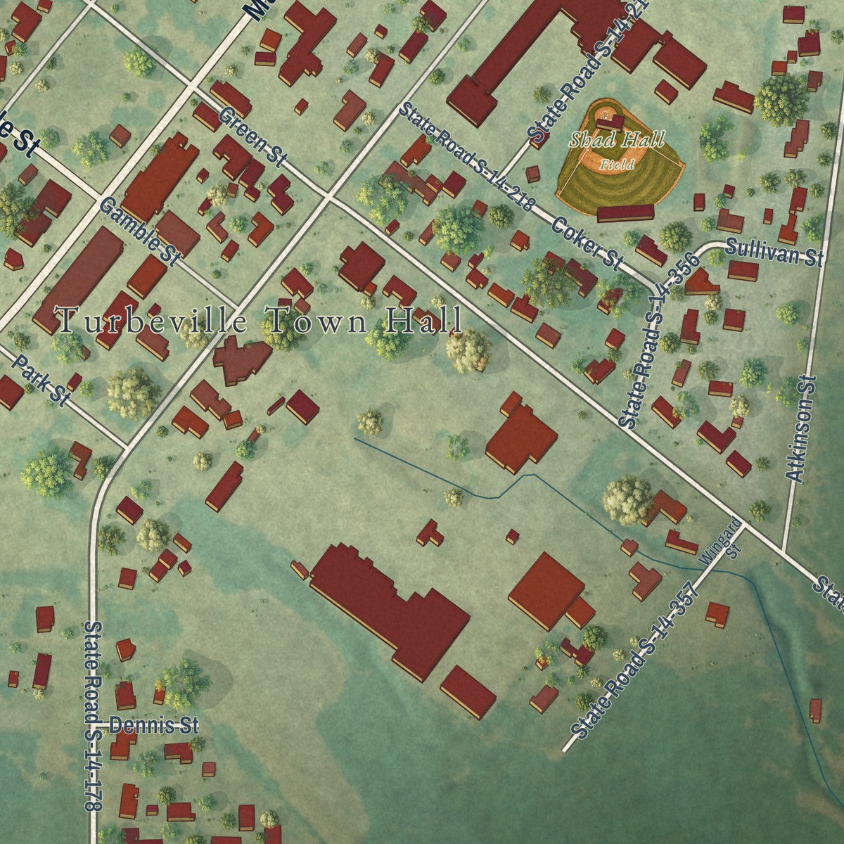 Close-up of the map of Turbeville, South Carolina print showing street and building detail