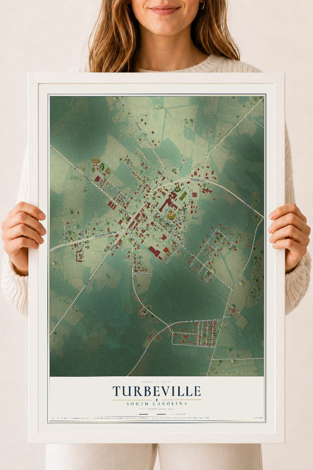 Map of Turbeville, South Carolina, 18 x 24 inch print in a white wood frame