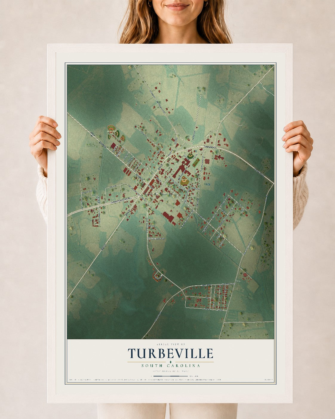 Map of Turbeville, South Carolina, 24 x 36 inch print in a white wood frame