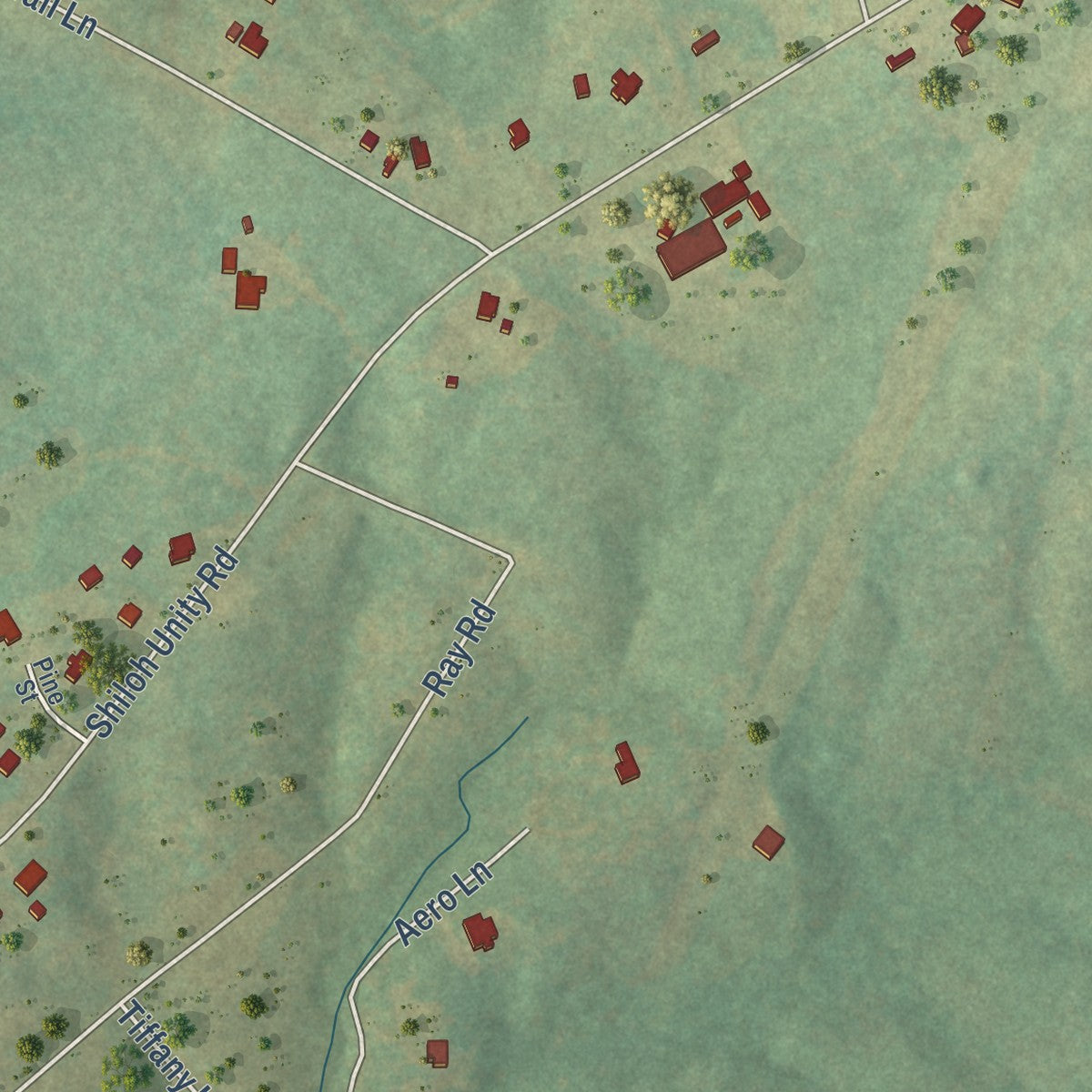 Close-up of the map of Unity, South Carolina print showing street and building detail