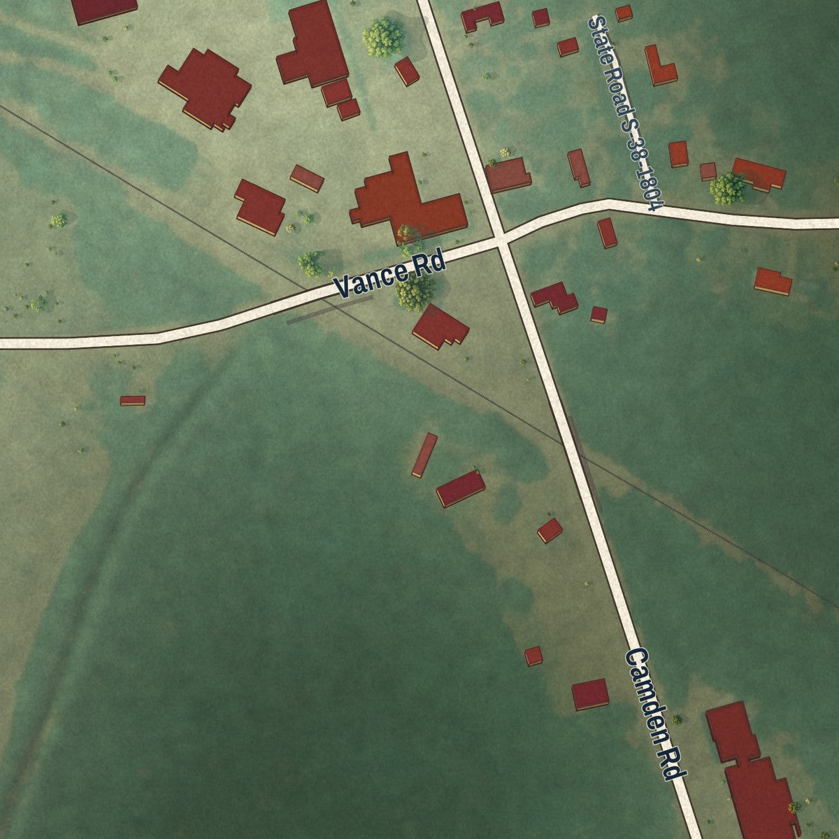 Second close-up of the map of Vance, South Carolina print showing more streets and buildings