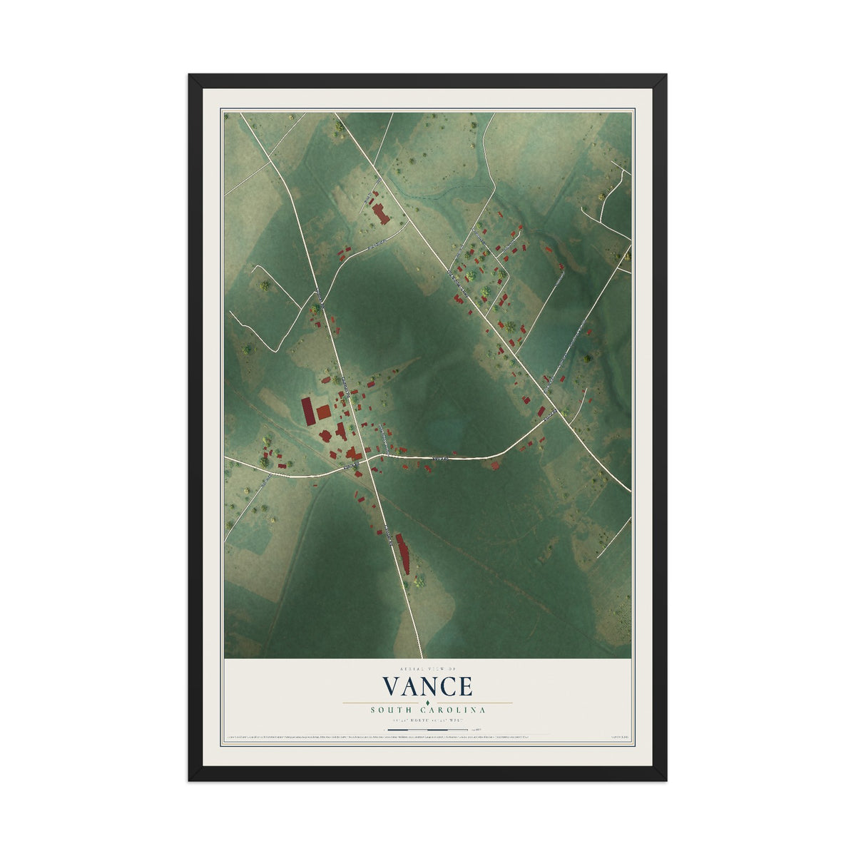 Map of Vance, South Carolina, 12 x 18 inch print in a black wood frame