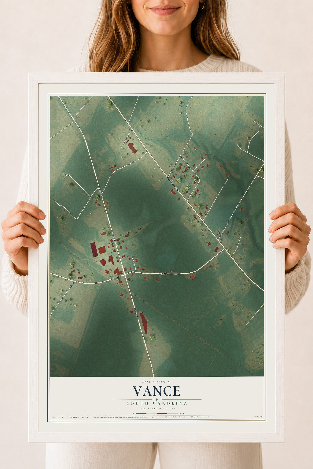 Map of Vance, South Carolina, 18 x 24 inch print in a white wood frame