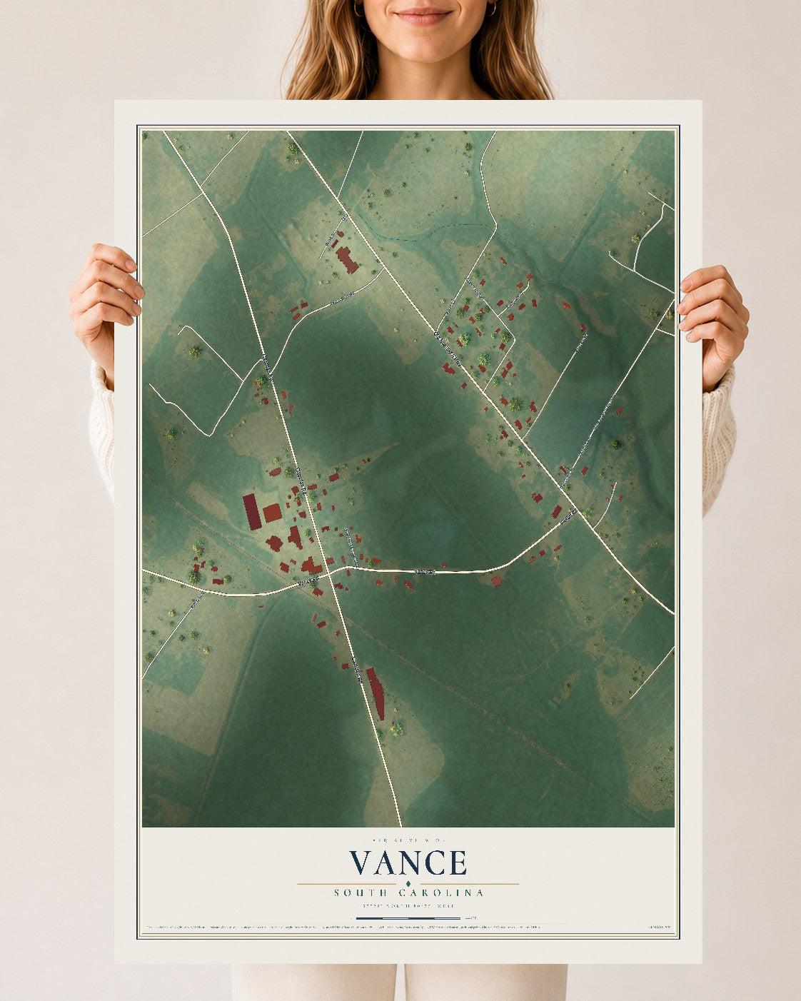 Map of Vance, South Carolina, 24 x 36 inch unframed archival matte print