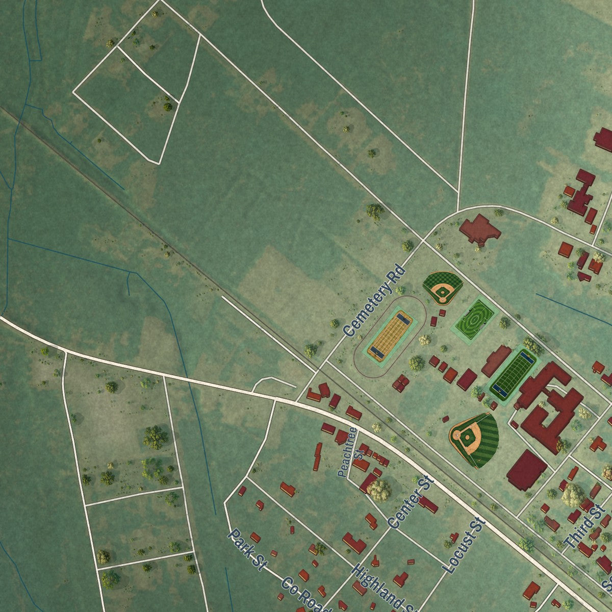 Second close-up of the map of Varnville, South Carolina print showing more streets and buildings
