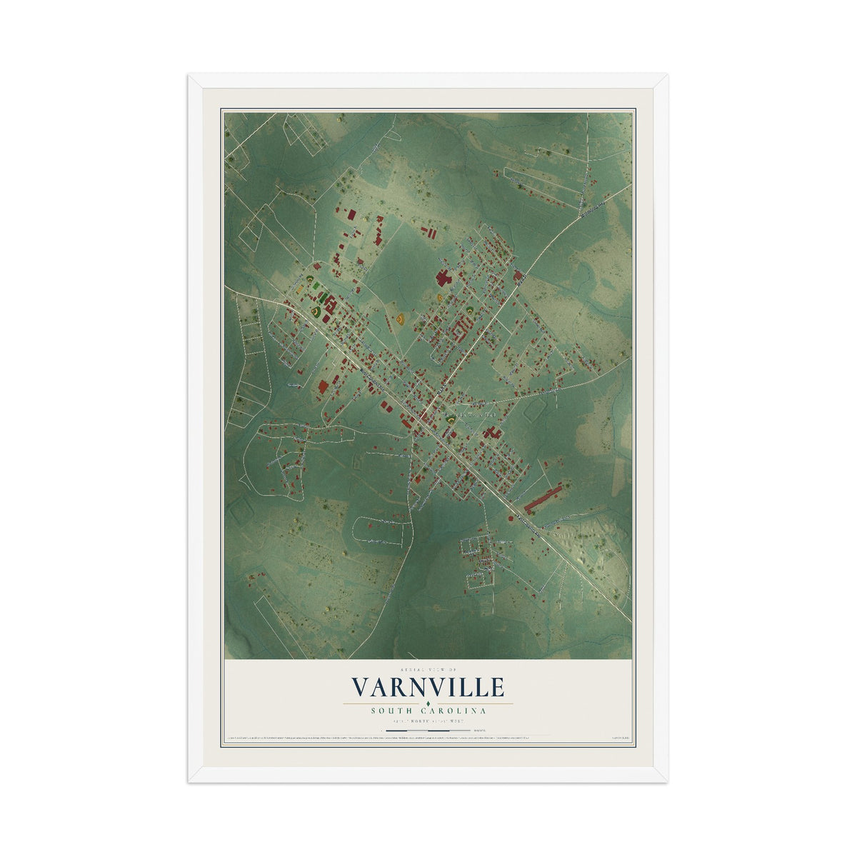 Map of Varnville, South Carolina, 12 x 18 inch print in a white wood frame