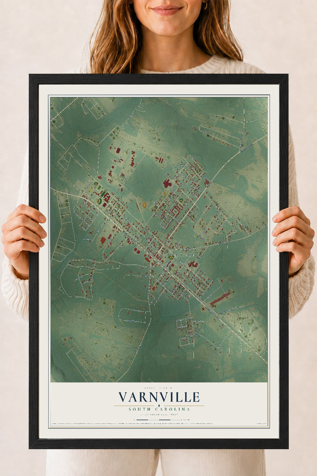 Map of Varnville, South Carolina, 18 x 24 inch print in a black wood frame
