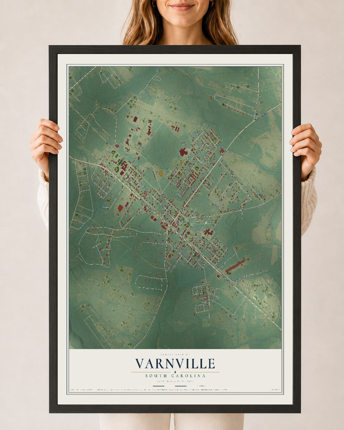 Map of Varnville, South Carolina, 24 x 36 inch print in a black wood frame