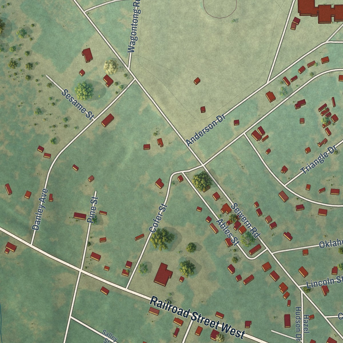 Second close-up of the map of Wagener, South Carolina print showing more streets and buildings