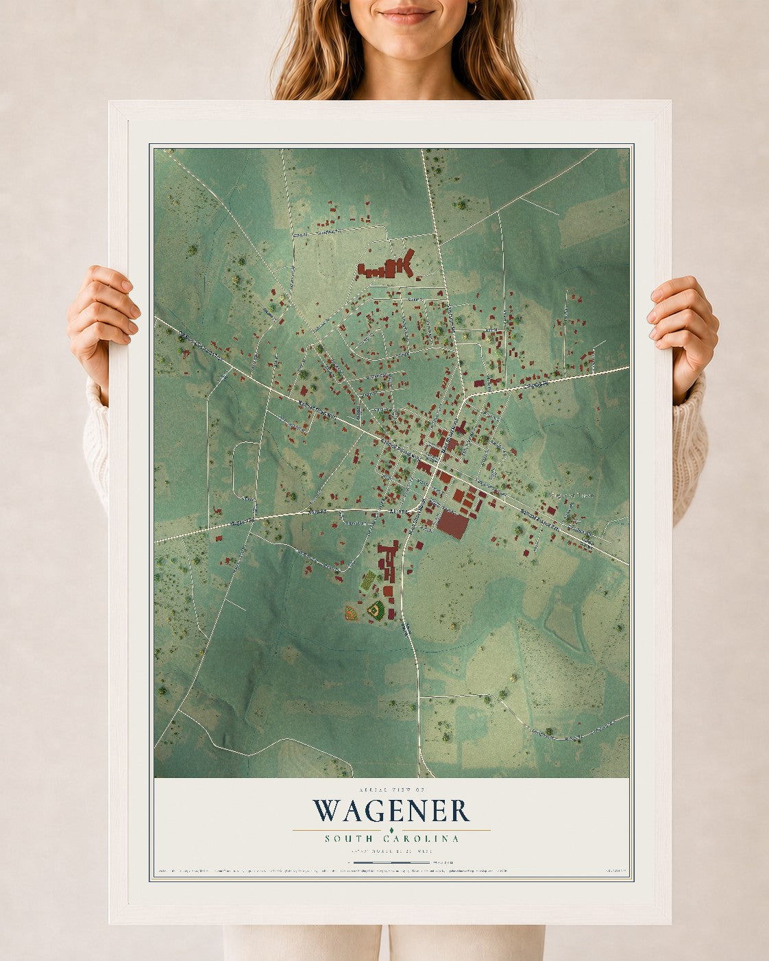 Map of Wagener, South Carolina, 24 x 36 inch print in a white wood frame