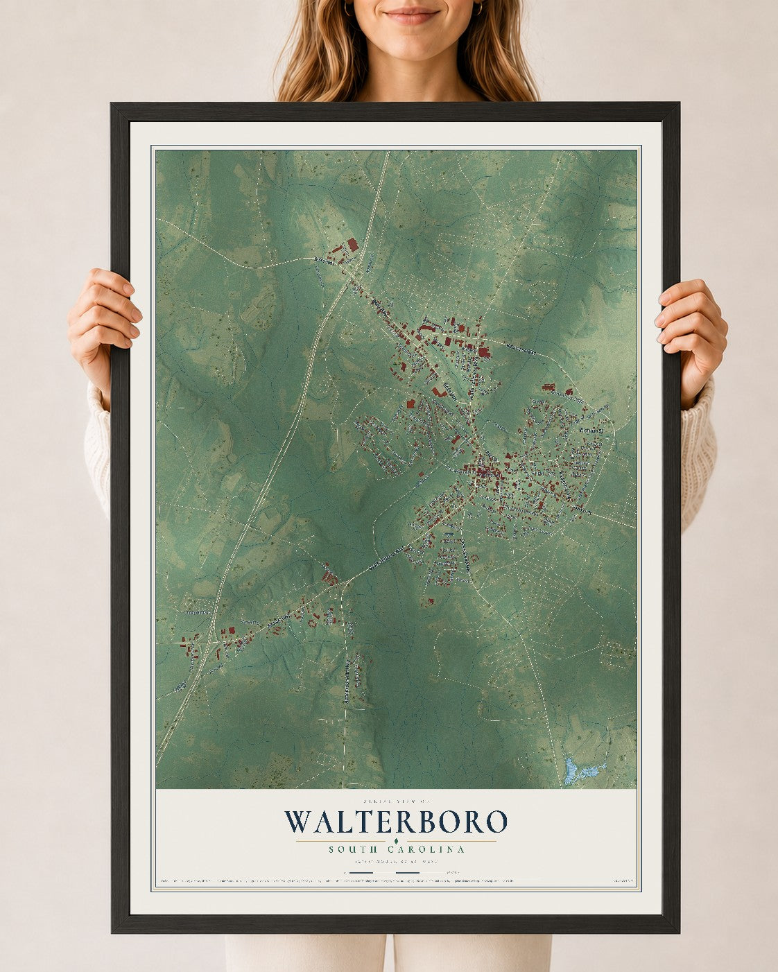 Map of Walterboro, South Carolina, 24 x 36 inch print in a black wood frame