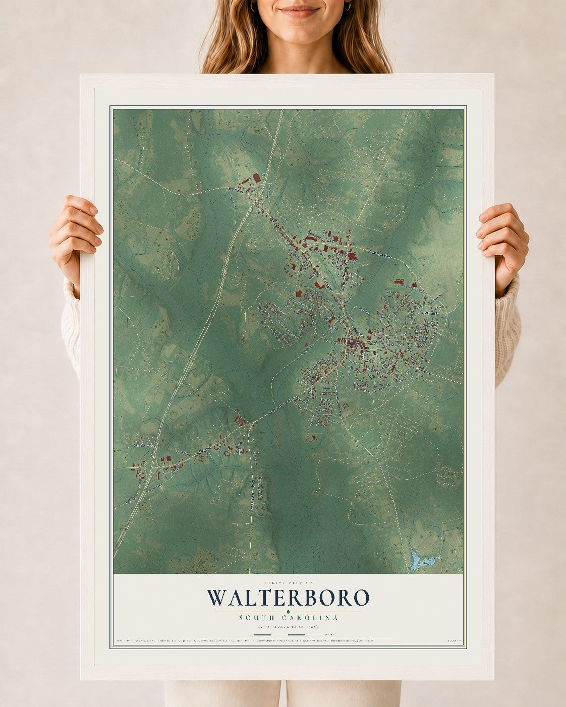 Map of Walterboro, South Carolina, 24 x 36 inch print in a white wood frame