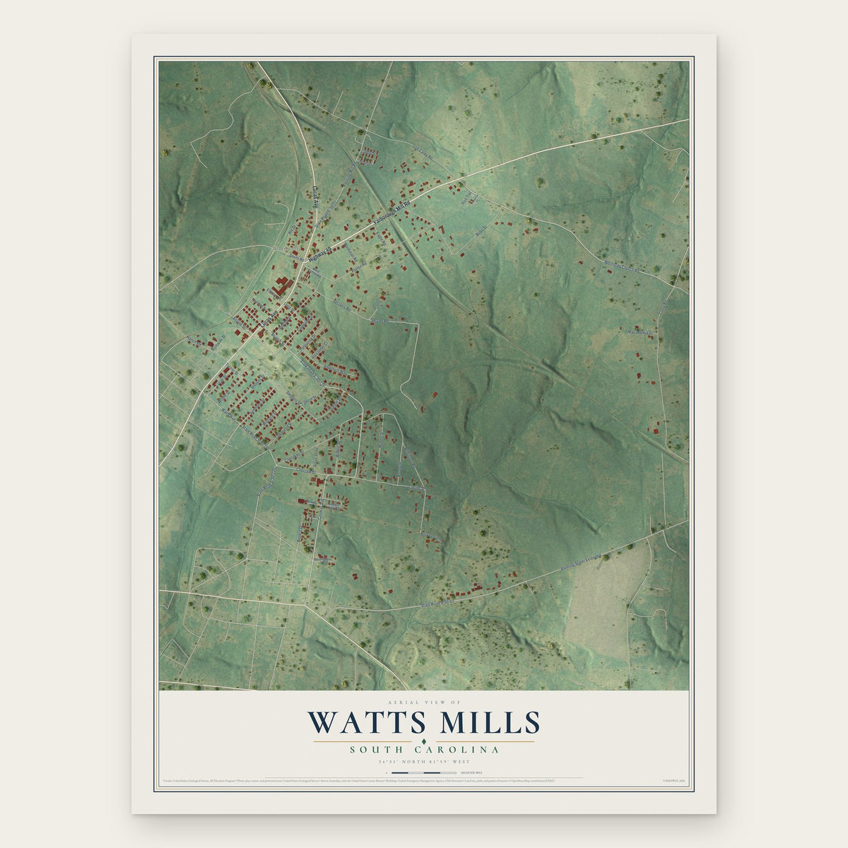 Watts Mills, South Carolina map print, the full design