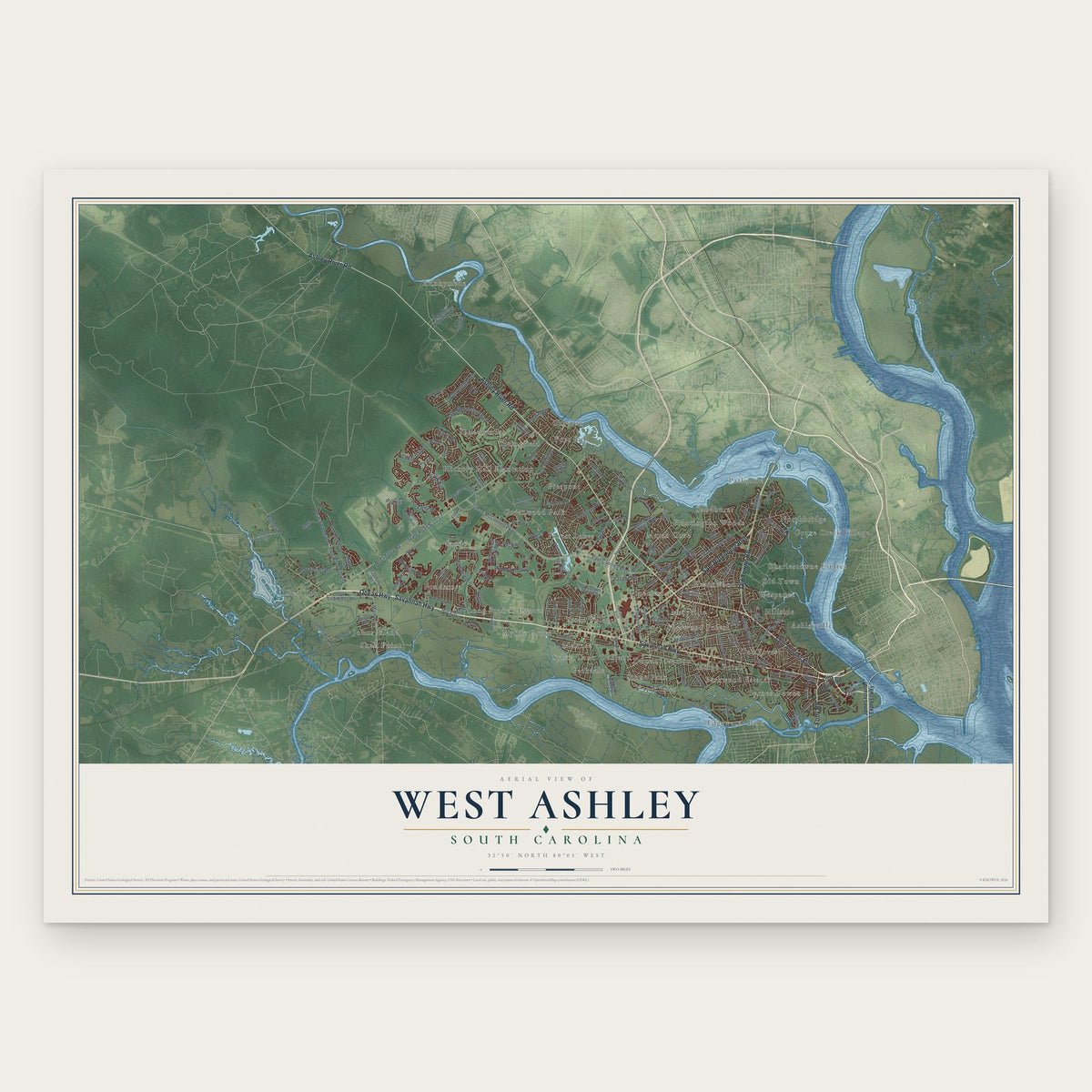 West Ashley, South Carolina map print, the full design