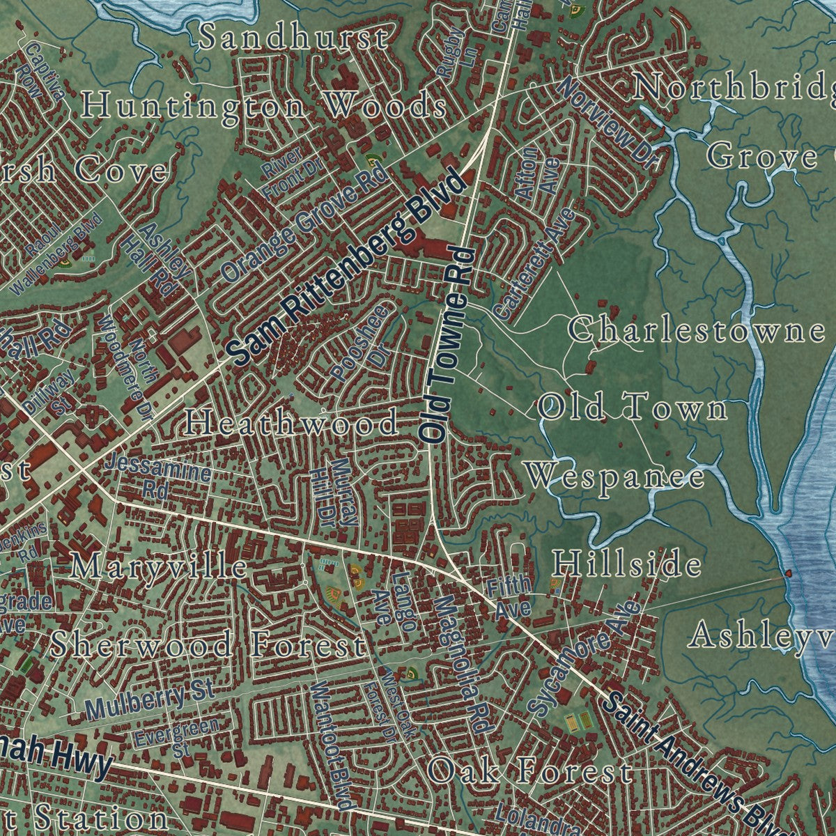 Close-up of the map of West Ashley, South Carolina print showing street and building detail