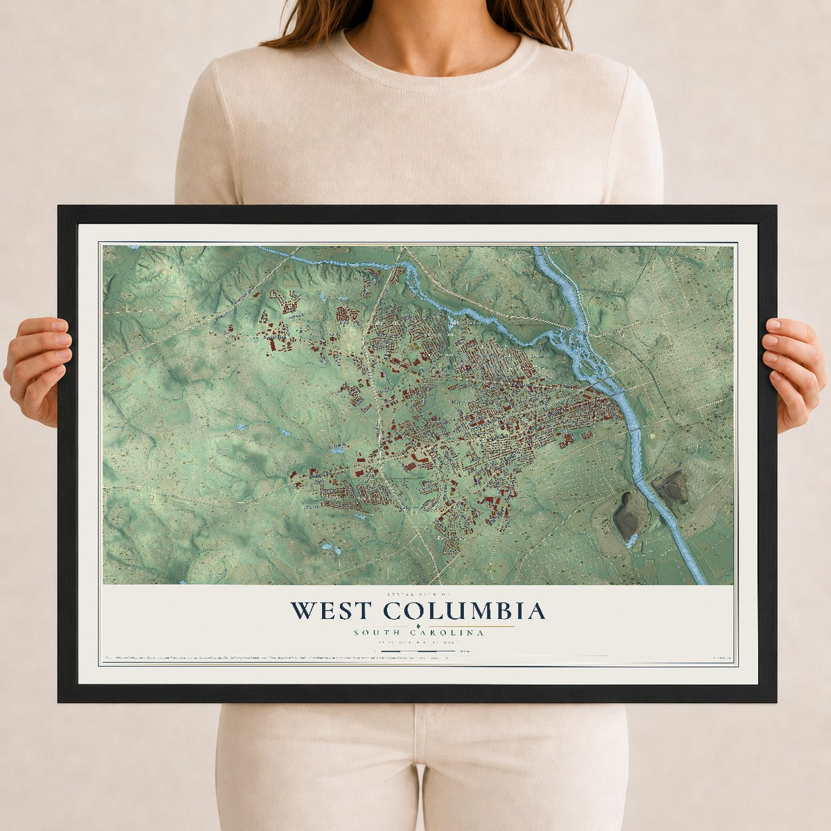 Map of West Columbia, South Carolina, 12 x 18 inch print in a black wood frame