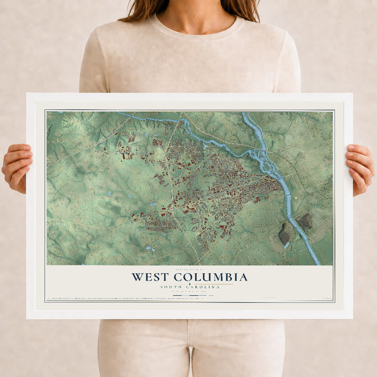 Map of West Columbia, South Carolina, 12 x 18 inch print in a white wood frame