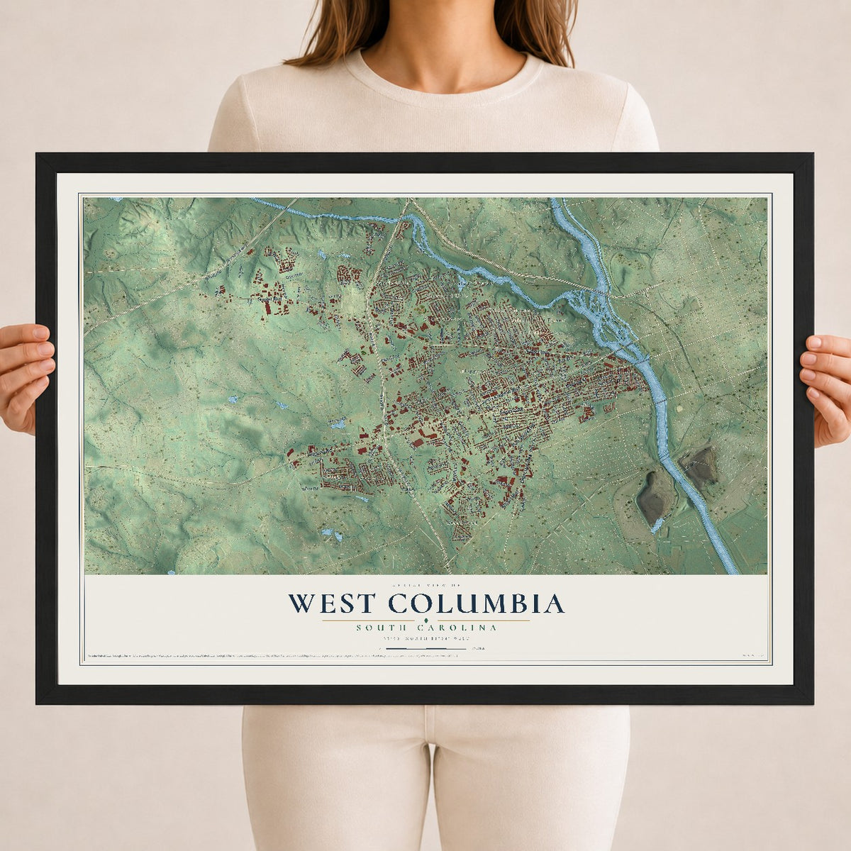 Map of West Columbia, South Carolina, 18 x 24 inch print in a black wood frame